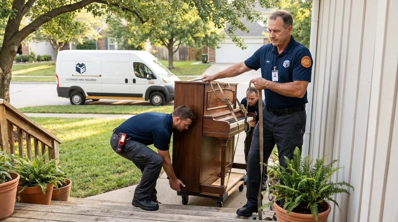 Licensed piano movers securing grand piano in Kingston, NH
