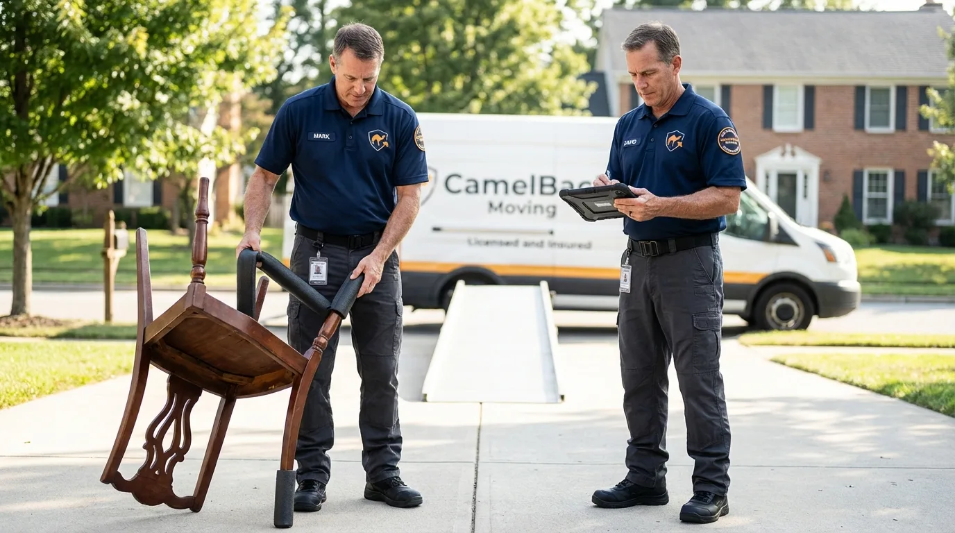 Movers inspecting furniture for damage prevention before loading in Kingston, NH
