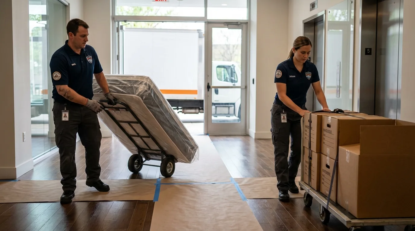 Professional apartment movers loading elevator in Kingston, NH