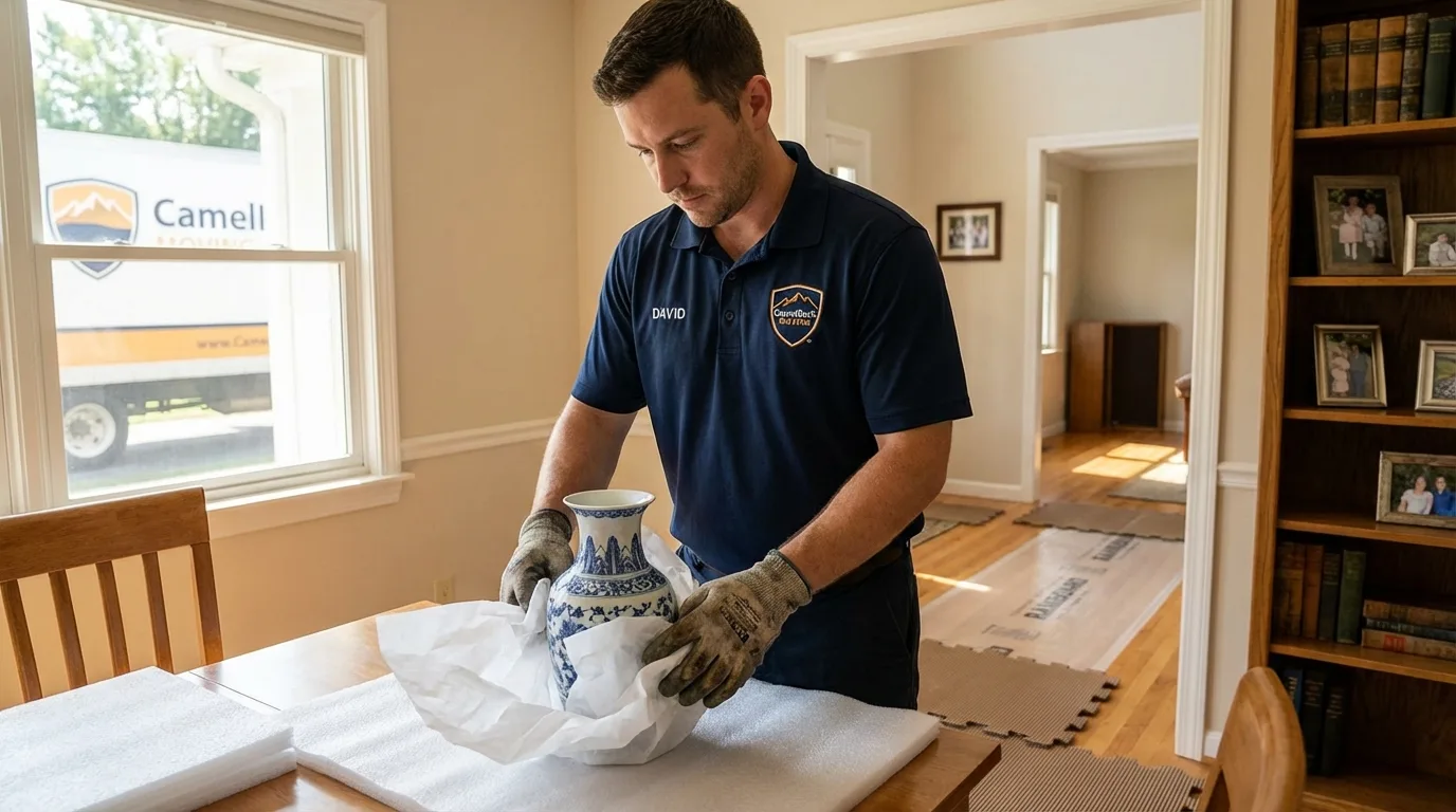 Professional crew carefully wrapping antique vase for senior downsizing move in Kingston, NH