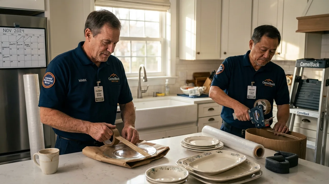 Professional crew packing kitchen dishware in Kingston, NH